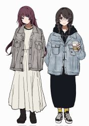  2girls alternate_costume black_dress black_hair black_shoes blue_eyes blue_jacket braid casual closed_mouth commentary_request cup denim denim_jacket disposable_cup dress full_body glasses grey_jacket hanekawa_tsubasa highres holding holding_cup hood hood_down hooded_dress jacket long_dress long_hair long_sleeves looking_at_viewer monogatari_(series) multiple_girls senjougahara_hitagi shoes sneakers standing twin_braids valhalla0707 white_dress 