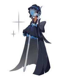  1girl acb_404 alternate_color back_bow black_gloves black_skirt blue_hair bob_cut bow commentary elbow_gloves gardevoir gloves hair_over_one_eye highres looking_at_viewer mega_gardevoir mega_pokemon orange_eyes pokemon pokemon_(creature) shiny_pokemon simple_background skirt untranslatable_commentary white_background 