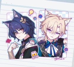  100_points_emoji 2boys :p alcohol animal_ear_fluff animal_ears aqua_gem aqua_shirt artist_name ascot aventurine_(honey_dice)_(honkai:_star_rail) aventurine_(honkai:_star_rail) black_gloves black_shirt black_vest blonde_hair blue_eyes blue_outline blue_ribbon brooch cake_cat_(honkai:_star_rail) cat_ears champagne champagne_flute closed_mouth collared_shirt commentary crossed_bangs cup dated dr._ratio_(honkai:_star_rail) drinking_glass earrings emoji english_commentary gem glasses gloves gold_trim hair_between_eyes hair_ornament half_gloves hand_up highres honkai:_star_rail honkai_(series) indigopp jewelry lapels light_bulb looking_at_viewer male_focus multicolored_eyes multiple_boys neck_ribbon neck_tattoo necklace on_shoulder outline paper_background parted_bangs parted_lips paw_print purple_gem purple_hair purple_outline rectangular_eyewear red_eyes ribbon semi-rimless_eyewear shirt short_hair signature single_earring smile tattoo tongue tongue_out twitter_username two-tone_eyes under-rim_eyewear upper_body vambraces vest violet_eyes white_ascot white_background wing_collar yellow_eyes 