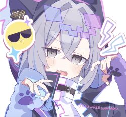  1girl animal_ear_hood animal_hands fangs fingerless_gloves gloves grey_eyes grey_hair hair_between_eyes hands_up highres honkai:_star_rail honkai_(series) hood looking_at_viewer official_alternate_costume open_mouth paw_gloves portrait silver_wolf_(amusement)_(honkai:_star_rail) silver_wolf_(honkai:_star_rail) simple_background solo teeth twitter_username upper_teeth_only uwasewau white_background 