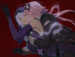  2girls black_dress black_gloves black_swan_(honkai:_star_rail) commentary dress english_commentary evernight_(honkai:_star_rail) gloves highres honkai:_star_rail honkai_(series) long_hair march_7th_(honkai:_star_rail) multiple_girls parted_lips pink_hair purple_dress purple_hair purple_veil red_background sickling veil violet_eyes yellow_eyes yuri 