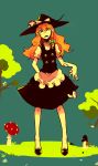  apron buttons duck from_below grass hat kirisame_marisa looking_down mushroom orange_hair simple_background solo sweat tera touhou tree witch witch_hat 