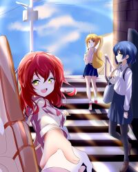  4girls :d absurdres ahoge arm_at_side backpack bag black_pantyhose blonde_hair blue_hair blue_skirt blue_sky bocchi_the_rock! closed_mouth collared_shirt commentary earrings eyelashes female_pov foreshortening full_body gotoh_hitori guitar_case happy highres hikkub holding_hands ijichi_nijika instrument_case jewelry kita_ikuyo long_hair long_sleeves looking_at_viewer looking_back miniskirt multiple_girls on_stairs open_mouth pantyhose pleated_skirt pov pov_hands profile red_eyes red_hair sailor_collar school_uniform serafuku shirt short_hair side_ponytail skirt sky smile standing stud_earrings very_long_hair white_sailor_collar white_shirt yamada_ryo yellow_eyes 