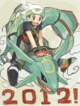  1boy 2012 alternate_costume bandana bandanna black_hair fingerless_gloves flying gloves hat open_mouth pokemon pokemon_(creature) pokemon_(game) pokemon_rse rayquaza riding sitting tegaki urouro yuuki_(pokemon) yuuki_(pokemon)_(remake) 