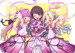  3girls 4th_live_dream_~bloom_the_dream_believers~ ;d ahoge anyoji_hime aurora_flower_(love_live!) blonde_hair blue_eyes blue_hair blush border bouquet brown_hair commentary_request cowboy_shot curtained_hair dream_believers dress fang flower flower_stand_art fujishima_megumi gradient_hair grey_ribbon hair_flower hair_intakes hair_ornament highres holding holding_bouquet link!_like!_love_live! looking_at_viewer love_live! mira-cra_park! multi-tied_hair multicolored_hair multiple_girls one_eye_closed open_mouth osawa_rurino outside_border parted_bangs pink_dress pink_flower pink_hair pink_ribbon pink_rose pleated_sleeves ponytail purple_flower purple_ribbon purple_rose ribbon rose roze_(ro_z7) short_sleeves sidelocks signature simple_background smile two_side_up violet_eyes virtual_youtuber white_border white_flower white_rose yellow_background 