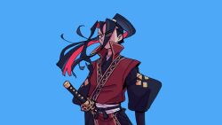  1boy black_bodysuit black_hair black_sash blue_background bodysuit colored_inner_hair dark_persona high_ponytail hikari_ku long_hair looking_at_viewer male_focus multicolored_hair n_i7r octopath_traveler octopath_traveler_ii ponytail red_eyes red_hair red_tabard sash sheath sheathed simple_background solo standing sword tabard two-tone_hair v-shaped_eyebrows weapon wide-eyed 