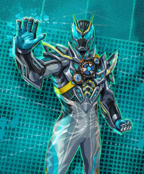 1boy absurdres armor blue_eyes bodysuit commentary_request cowboy_shot dualmare_capsem grey_bodysuit helmet highres huujyu kamen_rider kamen_rider_zeztz kamen_rider_zeztz_(series) kamen_rider_zeztz_orderm male_focus solo tokusatsu
