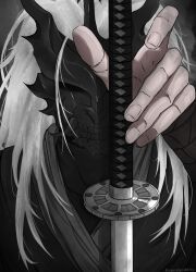 1boy absurdres arm_up black_tunic bloodlycorisart commentary compression_shirt covered_face english_commentary grey_background highres horns katana long_hair male_focus mask mongrel_(shadow_slave) oni_mask portrait shadow_slave solo sunny_(shadow_slave) sword tsuba_(guard) tunic twitter_username weapon white_hair 