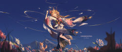  1girl absurdres animal_ear_fluff animal_ears barefoot black_kimono blue_sky check_copyright chinese_commentary commentary_request commission commissioner_name copyright_request day field fingernails flower flower_field fox fox_ears fox_girl fox_tail full_body highres japanese_clothes kimono legs long_fingernails long_hair long_sleeves loong_(loong_blo) making-of_available mountain multicolored_kimono nail_polish one_eye_closed open_mouth orange_eyes orange_hair outdoors red_flower red_kimono red_nails sky standing standing_on_one_leg tail watermark white_flower white_kimono wide_sle 