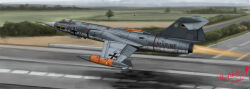  1other 99_luftballons absurdres afterburner aircraft airplane anchor_symbol blurry blurry_background bush canopy_(aircraft) chinese_commentary commentary cross day dr-arche english_commentary f-104_starfighter fighter_jet flight_suit german_flag grass grey_sky helmet highres hill iron_cross landing_gear marineflieger military military_vehicle mixed-language_commentary multilingual_commentary original outdoors pilot pilot_helmet roundel runway shadow signature sky takeoff tree vehicle_focus 