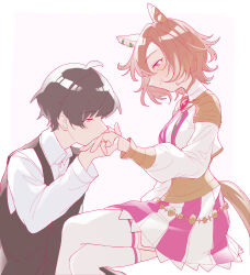  1boy 1girl absurdres amano_(amano_miko) animal_ears black_hair black_vest blush breasts closed_mouth commentary_request hair_between_eyes highres horse_ears horse_girl horse_tail invisible_chair jewelry kiss kissing_hand long_sleeves orange_hair orange_tail shirt short_hair sitting skirt smile t.m._opera_o_(o_sole_suo!)_(umamusume) t.m._opera_o_(umamusume) tail thigh-highs trainer_(umamusume) umamusume vest violet_eyes white_shirt white_thighhighs 
