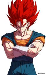  1boy absurdres blue_pants blue_sash blue_shirt commentary_request cowboy_shot crossed_arms dougi dragon_ball dragon_ball_super earrings gloves highres horang4628 jewelry korean_commentary male_focus muscular muscular_male orange_shirt pants potara_earrings red_eyes red_hair sash shirt solo spiky_hair super_saiyan super_saiyan_god twitter_username vegetto white_gloves 