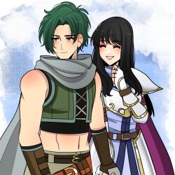  1boy 1girl absurdres aegis_asu armor astrid_(fire_emblem) bare_shoulders black_hair blush breastplate cape clenched_hand closed_eyes commission commissioner_upload fingerless_gloves fire_emblem fire_emblem:_radiant_dawn gloves green_hair green_vest highres holding_hands long_hair looking_to_the_side nervous non-web_source open_mouth pauldrons scarf short_hair shoulder_armor sothe_(fire_emblem) vest vgen_commission yellow_eyes 