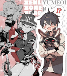  !? 1boy 2girls bangboo_(zenless_zone_zero) baseball_bat black_hair black_helmet black_tube_top blush breasts character_name combat_helmet commentary controller copyright_name detached_pants detached_sleeves finger_heart fur-trimmed_shorts fur_trim game_controller gloves goggles goggles_around_neck hair_between_eyes half_gloves headphones headphones_around_neck helmet highres holding holding_baseball_bat holding_controller holding_game_controller hood hood_down hooded_jacket iv_4t jacket jewelry long_hair long_sleeves luciana_de_montefio mask mask_around_neck metal_baseball_bat micro_shorts multiple_boys multiple_girls nijisanji open_mouth pickelhaube piper_wheel red_eyes respirator ring shirt shorts side_ponytail small_breasts spiked_shirt strapless sweatdrop tube_top untranslatable_commentary virtual_youtuber white_shirt yumeoi_kakeru zenless_zone_zero 