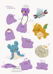  ! ._. absurdres alternate_form closed_eyes closed_mouth commentary_request ditto dragonite drifloon flying graveler hat highres lapras magnemite magnet no_humans open_mouth pokemon pokemon_(creature) pokemon_focus pokemon_pokopia rolling sleeping slime_(creature) smile solid_circle_eyes swimming transformed_ditto white_background wings zozozoshion zzz 