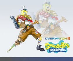  1boy absurdres artist_name bag belt black_shoes brown_shorts burger butterfly_net chinese_commentary commentary_request cosplay dong_ci_da_ci_da_da_da employee_uniform fast_food_uniform food fruit full_body hand_net hat highres junkrat_(overwatch) ketchup_bottle male_focus mechanical_arms mustard_bottle necktie overwatch paper_bag pineapple prosthesis prosthetic_arm red_necktie shirt shoes short_sleeves shorts socks solo spatula spongebob_squarepants spongebob_squarepants_(cosplay) spongebob_squarepants_(series) watermark white_hat white_shirt white_socks zoom_layer 