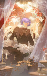  1boy 1girl absurdres bare_shoulders bell black_coat blurry blurry_foreground border box candelabra candlestand chain chain_necklace chinese_commentary closed_eyes coat commentary_request copyright_name curtains detached_sleeves dress earrings english_text facing_another feather_earrings feather_trim feathers feet_out_of_frame flower frilled_sleeves frills from_behind gem glint gown hair_between_eyes helix_waltz_2 highres holding_hands jake_richelius jewelry kalia_rovella leaning_forward light_particles long_hair long_sleeves looking_back necklace ornate_border outside_border outstretched_arm parted_bangs parted_lips peacock_feathers profile purple_hair red_border red_flower red_hair see-through_curtains short_hair smile strapless strapless_dress table three-quarter_sleeves tumeii vase violet_eyes watermark weibo_watermark white_dress white_gem 