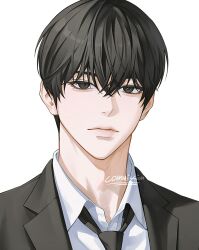  1boy aceh aegyo_sal black_eyes black_hair black_jacket black_necktie check_copyright closed_mouth collared_shirt commission copyright_request crossed_bangs dress_shirt hair_between_eyes highres jacket lapels lips looking_at_viewer loose_necktie male_focus necktie nose notched_lapels original portrait shirt short_hair simple_background solo suit_jacket white_background white_shirt wing_collar 