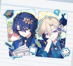  2boys animal_on_shoulder aqua_outline aqua_shirt artist_name aventurine_(honkai:_star_rail) aventurine_(origami_bird)_(honkai:_star_rail) bird bird_on_shoulder black_collar black_jacket black_shirt black_vest blonde_hair blue_eyes blue_jacket book closed_mouth collar collared_shirt commentary crossed_bangs dated diamond_(gemstone) dice dr._ratio_(final_victor)_(honkai:_star_rail) dr._ratio_(honkai:_star_rail) earrings emoji english_commentary eyeliner frown gold_ring gold_trim hair_between_eyes hair_ornament hand_on_own_cheek hand_on_own_face hand_up hands_up hat head_rest highres holding holding_book honkai:_star_rail honkai_(series) indigopp jacket jacket_on_shoulders jewelry lapels long_sleeves looking_down makeup male_focus mortarboard multicolored_eyes multiple_boys multiple_rings neck_tattoo necktie official_alternate_costume open_book origami_bird_(honkai:_star_rail) outline paper paper_background parted_bangs pen purple_hair reading red_eyeliner red_eyes ring shirt short_hair signature single_earring smile tattoo twitter_username two-tone_eyes upper_body vest violet_eyes white_background white_necktie wing_collar yellow_eyes yellow_outline 