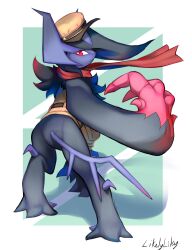  absol absol_(explorer) absurdres bright_pupils claws closed_mouth clothed_pokemon commentary from_behind hat highres jacket likey looking_at_viewer looking_back no_humans pokemon pokemon_(creature) pokemon_focus pokemon_unite red_eyes signature solo standing white_pupils 