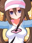  bag between_breasts blue_eyes blush breasts brown_hair bust cleavage collarbone double_bun female_protagonist_(pokemon_bw2) grey_eyes highres karasawa@ long_hair mei_(pokemon) pokemon pokemon_(game) pokemon_bw2 raglan_sleeves ribbon shoulder_bag solo strap_cleavage twintails visor visor_cap 