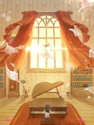  2girls black_hair blood book bookshelf bow_(music) camera character_doll clock commentary commentary_typo curtains doll dress dual_persona egret_orchid english_commentary flower_pot grand_piano grandfather_clock highres indoors instrument mari_(faraway)_(omori) mari_(omori) mari_(spirit)_(omori) multiple_girls music music_stand omori omori_(omori) piano piano_bench plant playing_instrument playing_piano potted_plant sheet_music short_sleeves spoilers sunny_(omori) violin white_dress window zs_zealsummer 