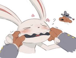  2boys anger_vein animal_ears blush brown_fur cheek_pinching closed_eyes closed_mouth dog_boy dog_ears fangs floppy_ears flying_sweatdrops furry furry_male grey_hat hands_on_another's_cheeks hands_on_another's_face hat heart highres male_focus max_(sam_&amp;_max) multiple_boys open_mouth pinching rabbit_boy rabbit_ears sam_&amp;_max sam_(sam_&amp;_max) smile vestigialbones white_background white_fur 