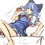  bare_legs barefoot blue_hair cirno closed_eyes dress electric_fan eyes_closed fanning_face flat_chest highres hot pan!ies popsicle short_hair solo sweat touhou 