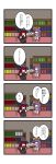  4koma bat_wings bookshelf chibi closed_eyes comic crescent dora_e eyes_closed flying_sweatdrops hat hat_removed head_wings headwear_removed highres koakuma multiple_girls patchouli_knowledge purple_hair red_hair redhead smile surprised touhou translated translation_request wings 