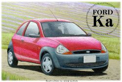  artist_name border car colored_pencil_(medium) commentary_request dated day dirt_road ford ford_ka grass highres motor_vehicle no_humans original outdoors radio_antenna red_car rice_paddy road shin_iroenpitsu signature traditional_media vehicle_focus vehicle_name white_border 