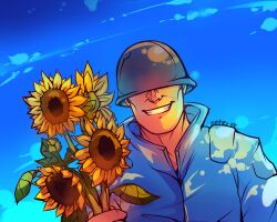  1boy blu_soldier_(tf2) blue_coat blue_helmet blue_sky coat commentary covered_eyes facing_viewer flower grin helmet helmet_over_eyes highres holding holding_flower keterok leaf male_focus open_mouth outdoors popped_collar portrait signature sky smile soldier_(tf2) solo sunflower team_fortress_2 teeth yellow_flower 