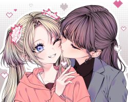  2girls 596_(_gokuraku_joudo) ;d blonde_hair bloom_garden_party_jacket blue_eyes brown_dress brown_hair closed_eyes collarbone commentary curtained_hair dress fangs flower fujishima_megumi fujishima_megumi_(post-graduation) gradient_hair grey_hair grin hair_flower hair_ornament halftone halftone_background heart hood hood_down hooded_jacket jacket kiss kissing_cheek link!_like!_love_live! long_hair long_sleeves love_live! multicolored_hair multiple_girls one_eye_closed osawa_rurino parted_bangs pink_flower pink_jacket pixel_heart ponytail sailor_collar sailor_dress sidelocks smile twintails virtual_youtuber white_sailor_collar winter_uniform yuri 