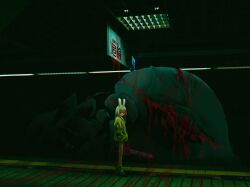  1girl absurdres animal_ears blood blood_on_clothes blood_on_face blood_on_ground blood_on_weapon chainsaw chromatic_aberration creature dim_lighting exit_sign film_grain highres jacket kithera leg_warmers long_hair long_sidelocks looking_at_viewer no_mouth no_nose original pink_eyes rabbit_ears sidelocks subway_station weapon white_leg_warmers yellow_jacket 