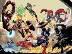  avengers_(series) bat_mask batman batman_symbol battle belt bodysuit captain_america comic_cover cover cover_page crossover dc_comics fighting_stance green_lantern grey_bodysuit highres iron_man justice_league marvel multicolored_bodysuit multiple_boys multiple_girls quicksilver_(marvel) ryanstegman superhero_costume superman superman_logo the_flash thor_(marvel) two-tone_bodysuit utility_belt wonder_woman 
