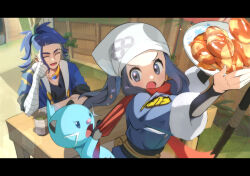  1boy 1girl :o adaman_(pokemon) akari_(pokemon) ako_(rawhji0rdbsmzf7) bandaged_arm bandages black_hair blue_hair clothes_grab coffee_mug commentary_request cup dewott eyebrow_cut fang food green_hair headscarf holding holding_plate letterboxed long_hair matcha_(food) mug multicolored_hair neckwear_grab open_mouth outdoors plate pokemon pokemon_(creature) pokemon_legends:_arceus red_scarf scarf scarf_grab smile table two-tone_hair v-shaped_eyebrows watermark white_headscarf 
