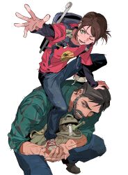  1boy 1girl arm_support backpack bag beard black_shoes blue_bag blue_pants brown_hair crowbar denim ellie_(the_last_of_us) facial_hair freckles green_eyes green_shirt grey_hair hand_on_another's_head highres jeans joel_(the_last_of_us) laoshuren66 layered_sleeves lifting_person long_sleeves molotov_cocktail mustache nose one_eye_closed open_mouth outstretched_arm pants plaid_clothes plaid_shirt ponytail reaching reaching_towards_viewer red_shirt shirt shoes short_hair short_over_long_sleeves short_ponytail short_sleeves simple_background sneakers squatting standing_on_person sweatdrop swept_bangs the_last_of_us the_last_of_us_(series) thick_eyebrows three-quarter_sleeves torn_clothes torn_shirt untied_shoelaces white_background 