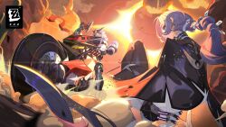  1boy 1girl absurdres arm_mounted_weapon billy_kid billy_kid_(starlight) black_pantyhose cape crescent crescent_earrings dust_cloud earrings eclipse from_behind gun highres holding holding_gun holding_weapon horns humanoid_robot jewelry key_visual long_hair looking_at_viewer looking_back low_ponytail motor_vehicle motorcycle official_art on_motorcycle pantyhose ponytail promeia_(zenless_zone_zero) promotional_art purple_hair red_scarf revolver riding robot robot_boy scarf short_hair solar_eclipse violet_eyes weapon white_hair yellow_eyes zenless_zone_zero 