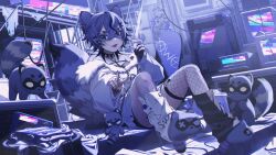  1girl animal_ears asymmetrical_gloves black_hair black_nails blue_eyes blue_hair bra breasts cable cigarette collar commentary ev-oo eye_mask fang fingerless_gloves fishnet_thighhighs fishnets glitch gloves hair_ornament highres indie_virtual_youtuber jacket leg_warmers mask monitor multicolored_hair open_mouth phone_booth raccoon_ears raccoon_girl sitting skateboard slippers small_breasts snuffy_(vtuber) spiked_collar spikes stairs strapless strapless_bra thigh-highs trash_can underwear untranslatable_commentary v virtual_youtuber white_jacket wraicoon_(snuffy_(vtuber)) x_hair_ornament 