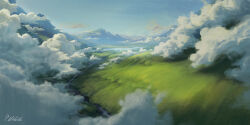  blue_sky clouds commentary day english_commentary fog grass highres hill lake landscape mountainous_horizon no_humans original outdoors painterly painting_(medium) philipp_urlich river scenery signature sky sunlight traditional_media water 