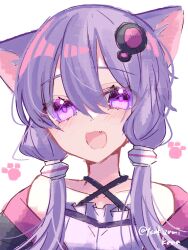  1girl :3 :d absurdres animal_ears arms_at_sides bare_shoulders black_jacket blush blush_visible_through_hair breasts cat_ears cat_girl collarbone commentary_request criss-cross_halter dot_nose double-parted_bangs eyes_visible_through_hair fang film_grain frilled_shirt frills hair_between_eyes hair_ornament halftone halterneck highres hood hooded_jacket jacket jacket_partially_removed kemonomimi_mode looking_at_viewer open_clothes open_jacket paw_print paw_print_background pink_hood portrait purple_hair purple_shirt raised_eyebrows shirt short_hair_with_long_locks sidelocks simple_background small_breasts smile solo straight-on strapless strapless_shirt tongue tsukizuumi twitter_username violet_eyes vocaloid voiceroid white_background yuzuki_yukari 