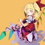  blonde_hair flandre_scarlet long_hair red_eyes side_ponytail simple_background solo touhou tulaca_(pixiv) wings yellow_background 