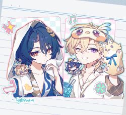  2boys :d artist_name aventurine_(honkai:_star_rail) aventurine_(origami_bird)_(honkai:_star_rail) bathrobe bathtub beamed_eighth_notes blonde_hair blue_eyes blue_outline blue_robe book card chibi closed_mouth clover collarbone commentary crossed_bangs cup dated dr._ratio_(honkai:_star_rail) emoji english_commentary expressionless eyeliner four-leaf_clover grin hair_between_eyes hair_ornament hand_puppet hand_up highres holding holding_book holding_card honkai:_star_rail honkai_(series) indigopp long_sleeves looking_at_viewer makeup male_focus mask mask_on_head mini_person mini_person_on_shoulder miniboy multicolored_eyes multiple_boys musical_note neck_tattoo on_shoulder one_eye_closed open_book open_mouth outline pajamas paper paper_background parted_bangs pink_outline playing_card puppet purple_hair red_eyeliner red_eyes robe shirt short_hair signature sleep_mask smile sparkle tattoo teeth toothbrush towel towel_on_head twitter_username two-tone_eyes upper_body violet_eyes white_background white_pajamas white_shirt yellow_eyes 
