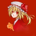  ascot bakusyuu blending blonde_hair blush bust face flandre_scarlet hair_ribbon hat looking_at_viewer parted_lips red red_background ribbon short_hair side_ponytail solo touhou 