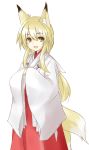  animal_ears fox_ears fox_tail hands_in_sleeves japanese_clothes long_hair miko multiple_tails open_mouth original simple_background smile solo tail white_background yu-ves 
