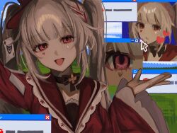  1girl 2_hust2 braid card choker commentary_request cursor diamond_(shape) diamond_facial_mark facial_mark heart heart_facial_mark highres honkai:_star_rail honkai_(series) japanese_clothes looking_at_viewer multicolored_hair open_mouth playing_card red_eyes red_streaks smile sparkle_(honkai:_star_rail) sparxie_(honkai:_star_rail) streaked_hair twintails white_hair window_(computing) 