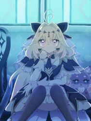  1girl antenna_hair black_bow black_bowtie black_capelet black_dress black_thighhighs blonde_hair bow bowtie brooch capelet closed_mouth commentary cure_arcana_shadow dark diamond_hairband dress earrings frilled_capelet frilled_cuffs frilled_dress frills gradient_hair hair_bow hair_intakes hand_on_own_chin heart heart_brooch highres indoors jewelry kashaoekaki layered_dress long_hair looking_at_viewer magical_girl mashu-tan meitantei_precure! moria_luluka multicolored_hair on_floor precure purple_veil short_dress sitting smile solo thigh-highs veil very_long_hair violet_eyes window 