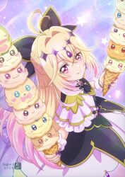  1girl ;q annotated antenna_hair artist_logo artist_name asukamama89 black_bow black_bowtie black_capelet black_dress blonde_hair bow bowtie braid brooch capelet chypre_(precure) closed_mouth coffret_(precure) commentary coupe_(precure) cowboy_shot crown_braid cure_arcana_shadow dated diamond_hairband dress earrings frilled_capelet frilled_cuffs frilled_dress frills from_side futari_wa_precure gradient_hair hair_bow hair_intakes healin'_good_precure heart heart_brooch heartcatch_precure! highres hirogaru_sky!_precure holding holding_ice_cream_cone ice_cream_cone in-franchise_crossover inukai_komugi inukai_komugi_(dog) jewelry kimi_to_idol_precure layered_dress licking_lips light_particles logo long_hair looking_at_viewer magical_girl mahou_girls_precure! medium_dress meitantei_precure! mepple mipple mofurun_(precure) moria_luluka multicolored_hair nico_(wonderful_precure!) one_eye_closed pink_eyes precure purirun_(fairy)_(precure) purple_veil rabirin_(precure) smile solo sparkle standing star_(symbol) tongue tongue_out toyama_daifuku toyama_daifuku_(rabbit) veil very_long_hair wonderful_precure! yuunagi_tsubasa yuunagi_tsubasa_(bird) 