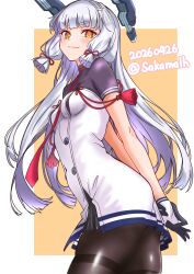  1girl absurdres arms_behind_back black_pantyhose blunt_bangs breasts commentary_request dated dress floating_headgear gloves grey_hair hair_ribbon headgear highres kantai_collection long_hair looking_at_viewer murakumo_(kancolle) murakumo_kai_ni_(kancolle) necktie nitamako_(sakamalh) orange_eyes pantyhose red_necktie ribbon short_eyebrows sidelocks small_breasts solo thighband_pantyhose tress_ribbon twitter_username white_dress white_gloves 