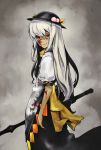  alternate_hair_color blood blood_on_face bow buront buront_(cosplay) cosplay elf final_fantasy final_fantasy_xi food fruit fusion grey_hair hat hinanawi_tenshi long_hair peach pointy_ears red_eyes solo sword touhou weapon yunar 