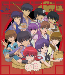  4boys 6+girls :d ^_^ animal bandana black_hair blue_eyes blue_hair box braid brother_and_sister brown_eyes brown_hair chinese_clothes closed_eyes closed_mouth coke-bottle_glasses commentary_request everyone fang flower food fuurinkan_high_school_uniform glasses green_eyes grin hibiki_ryouga highres holding holding_animal holding_box holding_ribbon_baton holding_teapot kunou_kodachi kunou_tatewaki kuonji_ukyou long_hair low_ponytail low_side_ponytail mousse_(ranma_1/2) multiple_boys multiple_girls open_mouth p-chan_(ranma_1/2) pig pink_eyes pink_flower ponytail purple_hair ranma-chan ranma_1/2 red_hair red_lips red_umbrella saotome_ranma school_uniform shampoo_(ranma_1/2) short_hair siblings side_ponytail single_braid sisters smile steamed_bun teapot tendou_akane tendou_kasumi tendou_nabiki umbrella uzuki_saku yellow_bandana yellow_eyes 